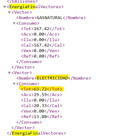 Fragmento del XML de CE3X con el vector ELECTRICIDAD y un consumo anual total de 63,72 kWh por metro cuadrado