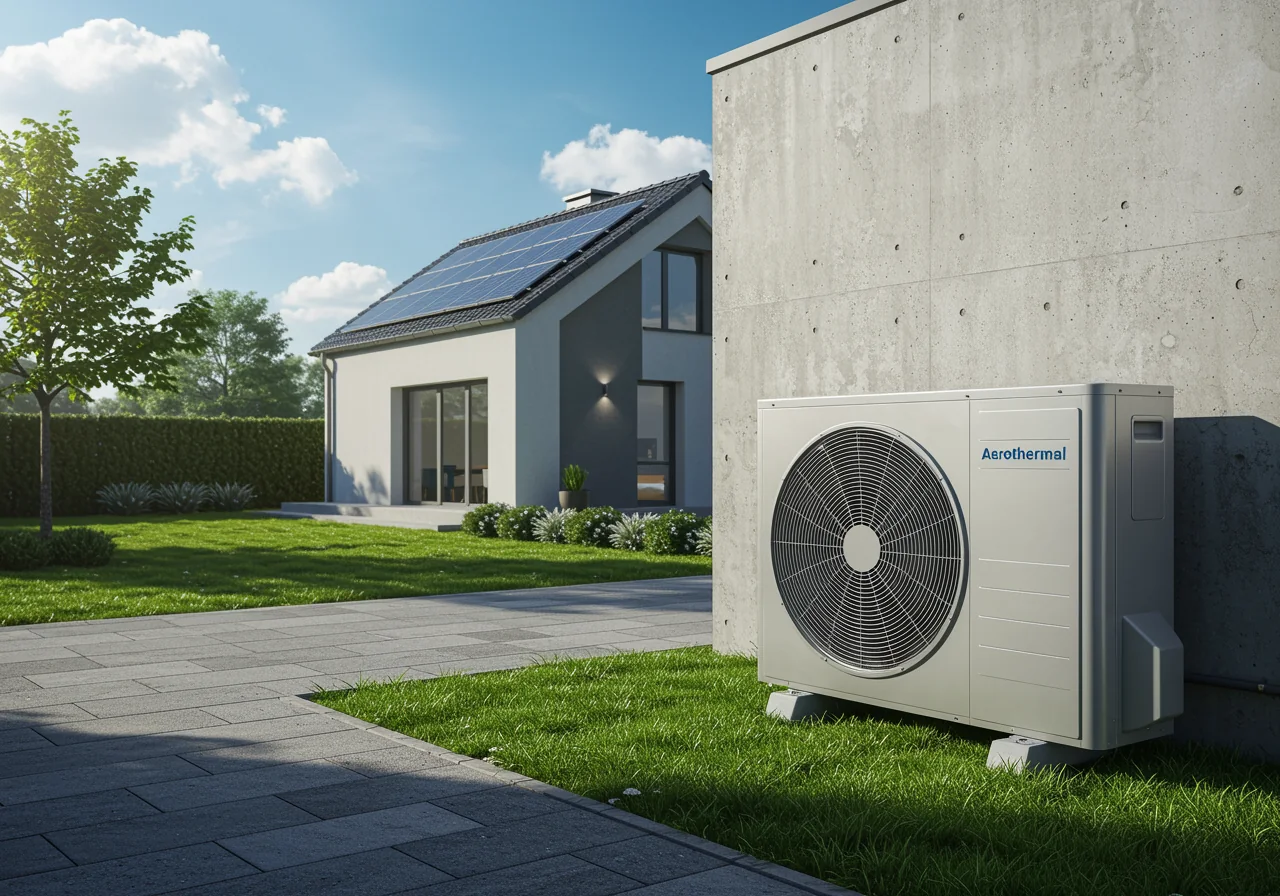 Equipo exterior de aerotermia instalado junto a una vivienda